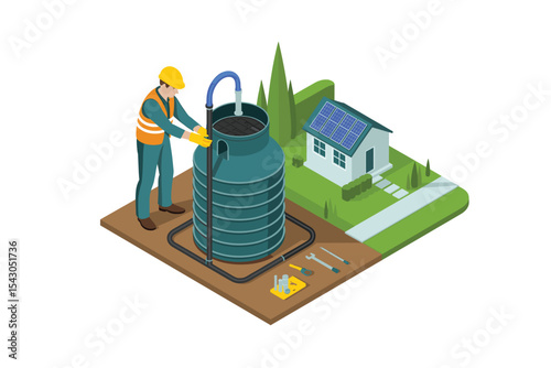 Isometric House Water Tank Installation with Solar Panels and Engineer