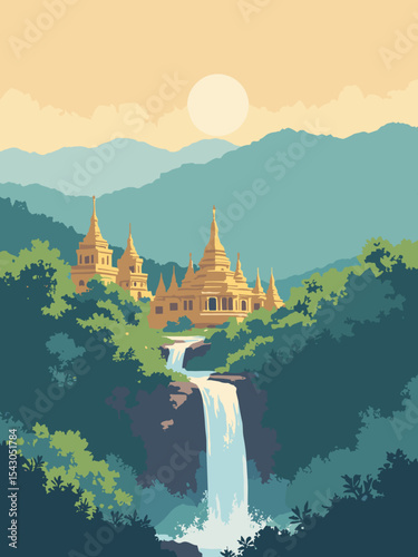 Laos - Luang Prabang Temples, Plain of Jars, Kuang Si Falls in temple gold, jar tan, waterfall blue, and jungle green