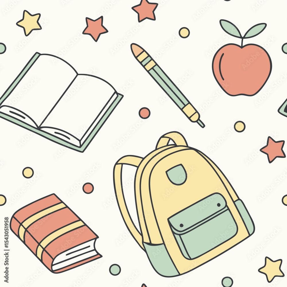 Seamless pattern featuring colorful school supplies books and educational app icons ideal for back to school designs and educational projects