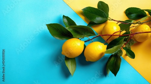 A vibrant composition showcasing a branch of fresh lemons against a stylish blue and yellow background, exuding cheerfulness and freshness that brighten any space.