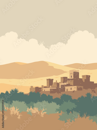 Libya - Leptis Magna, Sahara Desert dunes, Ghadames old town in ruin beige, dune gold, oasis green, and sky grey