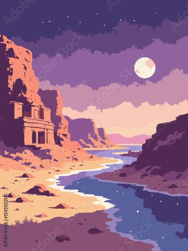 Jordan - Petra, Wadi Rum, Dead Sea in rose sandstone, desert ochre, salt white, and twilight purple