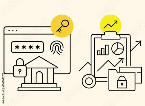  Secure Login and Analytics Icon Set Password, Biometric, Chart, Growth, and Data Protection Vector