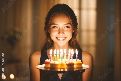 Happy young woman holding a glowing birthday cake with lit candles. Festive celebration indoors.