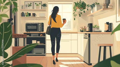 Woman in Kitchen with Coffee, Plants, and Sunlight, Leaving for Work