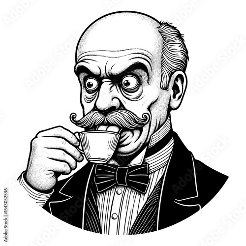 Funny wide-eyed man in formal attire humorously licking a small teacup, creating comedic effect sketch engraving generative ai fictional character PNG illustration. Scratch board. Black and white.