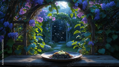 Plate of food on wooden table in flower garden setting