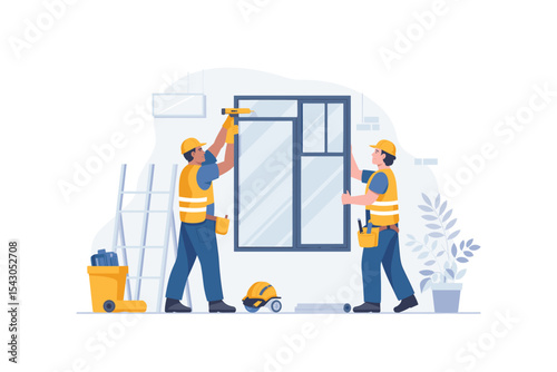 Window Installation by Professional Workers in Uniform, Home Improvement Project