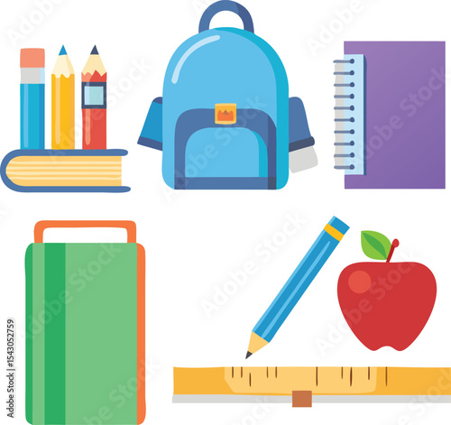 Single flat style school supply icon ruler pencil backpack and more