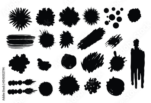 Big bundle of watercolor black brushstrokes, spots and streaks. Isolated on white background. High quality.