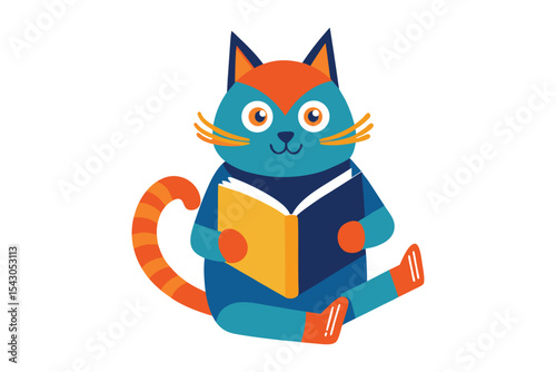Cat reading book isolated on white background