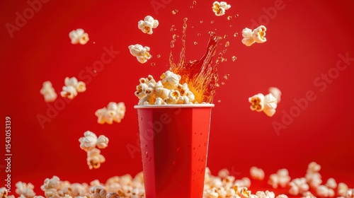 Soda And Popcorn. Red Paper Cup with Cola Splash and Falling Popcorn in Box Isolated