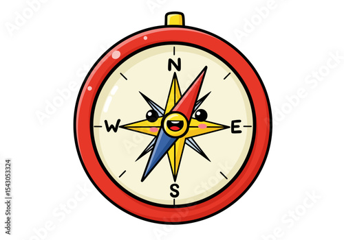 Cartoon compass with kawaiistyle eyes and mouth showing cardinal directions N S E W