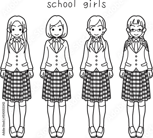 ブレザー制服の女子高生4人組線画