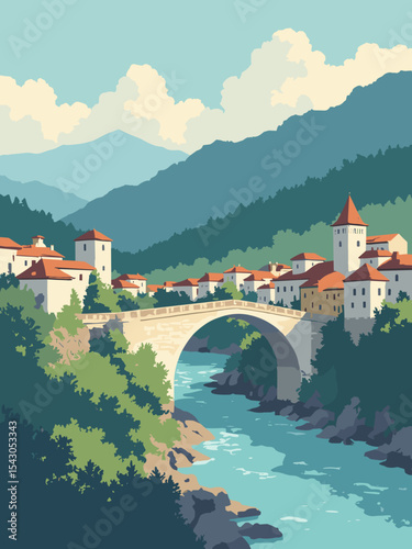 Bosnia & Herzegovina - Stari Most, Sarajevo Baščaršija, Sutjeska National Park in bridge stone, bazaar brown, park green, and river blue