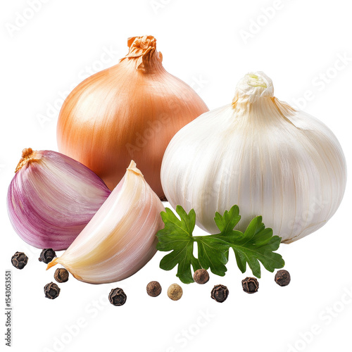 Vibrant garlic and onion with peppercorn and parsley on bright background, Garlic and onion with peppercorn and parsley isolated on white background