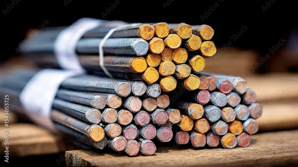 Bundles of steel rebar rods with colored and hexagonal ends stacked wooden pallets, showing textured metal surfaces and colorful oxidized ends, used as industrial material for construction
