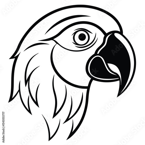 Line art shows a striking macaw head profile with distinctive patterns around the eye