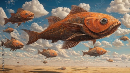 Fish flying in a cloudy sky over a desert