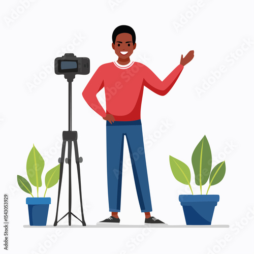 Content Creator: A content creator stands confidently in a studio, presenting and engaging his audience with a modern camera set up.  Focusing on the subject.