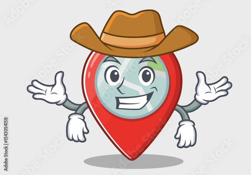 Cartoon location pin wears a cowboy hat smiles and holds up its hands against a light gray background