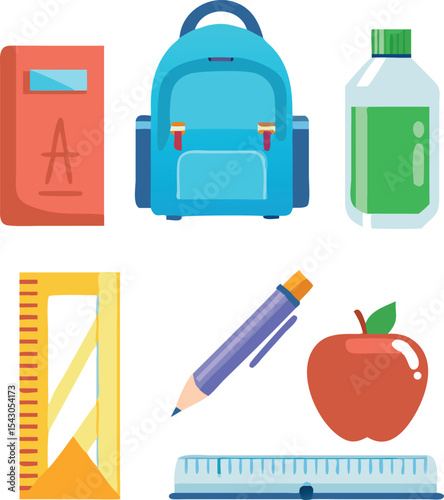 Flat vector icon set of school supplies ruler pencil backpack books and other educational items