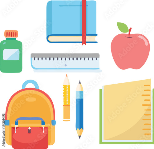 Flat vector icon set of school supplies ruler pencil book backpack and more