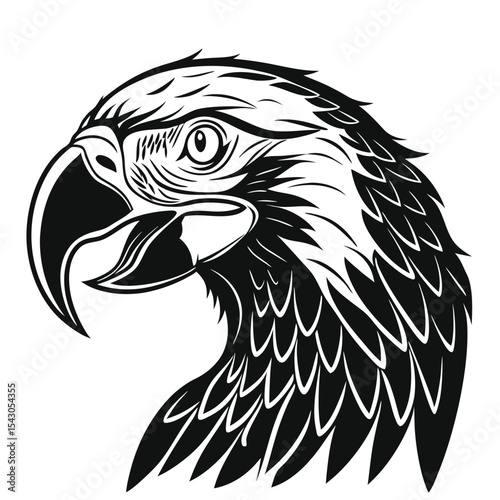 An illustrated black and white parrot head fiercely squawks in profile view today