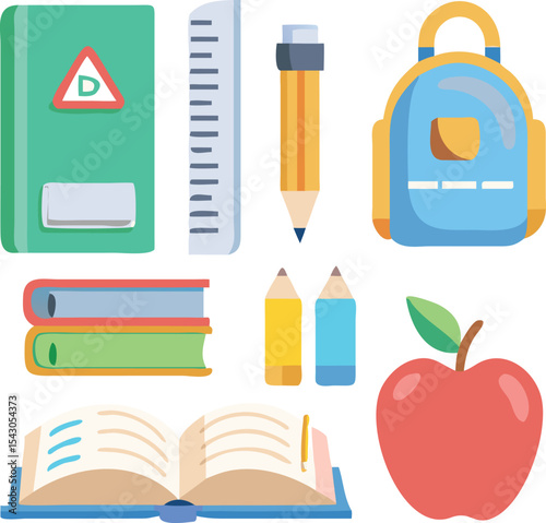 Single flat icon of school supplies ruler pencil book and more