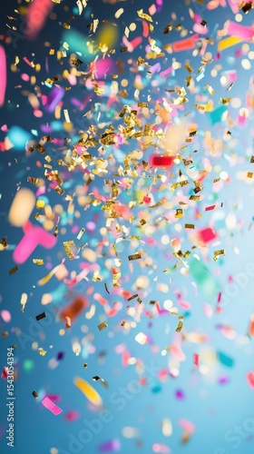 Explosive Joy: Confetti dances through the air, a vibrant explosion of color against a gradient blue backdrop, creating a sense of celebration, happiness, and excitement.