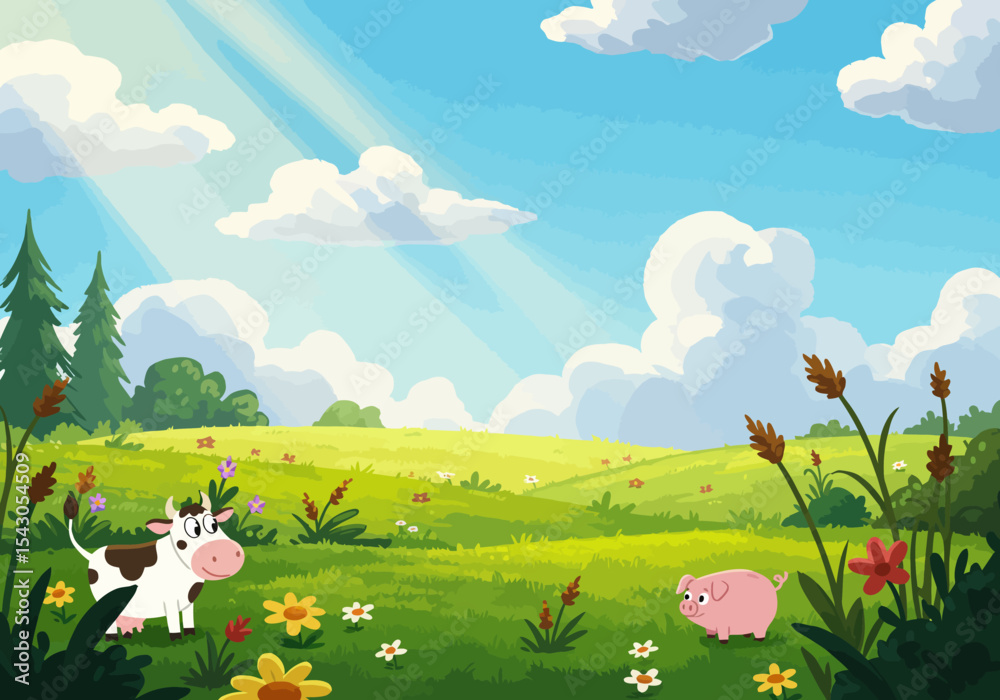 Fototapeta premium Cartoon meadow scene with cow pig sunbeams flowers clouds in a bright landscape