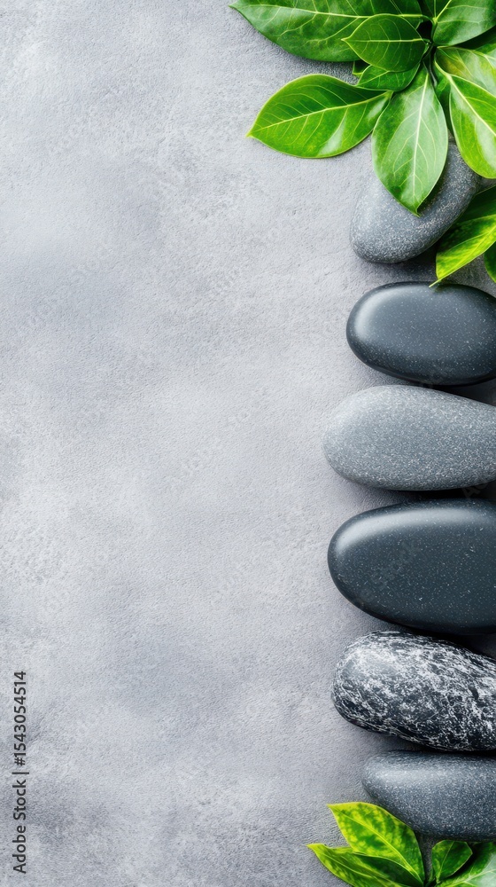 Obraz premium Zen Harmony: A serene arrangement of smooth stones and vibrant green leaves evokes tranquility and relaxation, a perfect visual metaphor for balance and well-being.