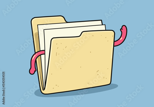 Cartoon of a yellow file folder holding papers with pink arms sticking out against a light blue backdrop