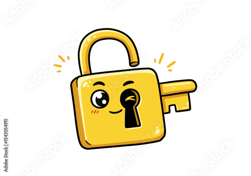 Cartoonstyle golden unlocked padlock with a smiling face holding a key on a white background