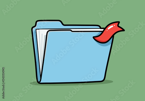 Cartoonstyle light blue folder with white papers  a red ribbon on green background
