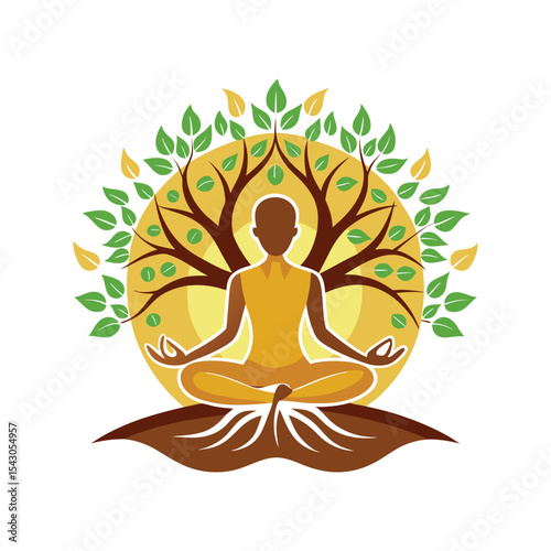 Woman meditating under a tree of life isolated on a white background