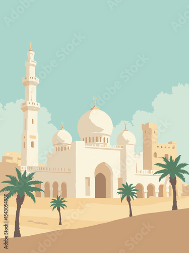 Oman - Sultan Qaboos Grand Mosque, Wahiba Sands, Nizwa Fort in mosque white, sand dune, fort stone, and palm green