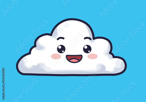 Cartoonstyle smiling white cloud with pink cheeks on a light blue background