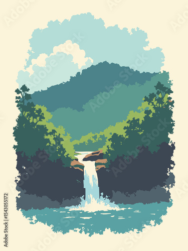 Liberia - Providence Island, Sapo National Park, Kpatawee Waterfalls in island white, park green, waterfall blue, and earth brown