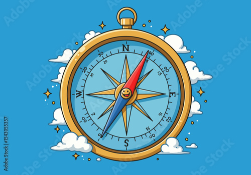 Compass amid clouds  stars gold trim blue face smiling needle points north east south  west