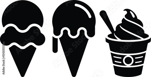 Ice Cream Icon Set Featuring Popsicles Cones and Sundaes in a Minimalist Black Silhouette Style