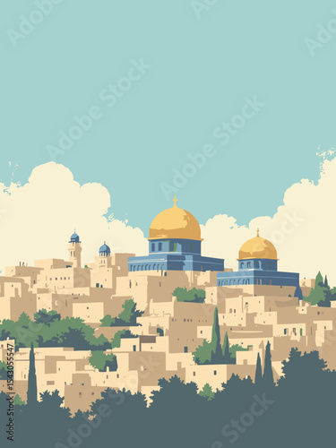West Bank - Dome of the Rock, Bethlehem Old City, Jericho Mount of Temptation in dome gold, old town stone, cliff beige, and sky blue