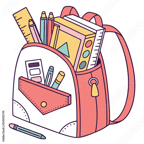Cute colorful school bag filled with books pencils and school supplies illustration