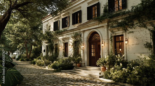 Elegant stately building with lush foliage and cobblestone path in evening sunlight, evoking sophistication and serenity