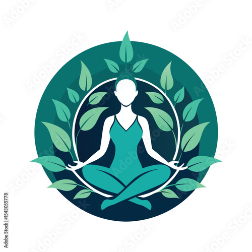 Woman meditating in lotus pose with leaves isolated on a white background