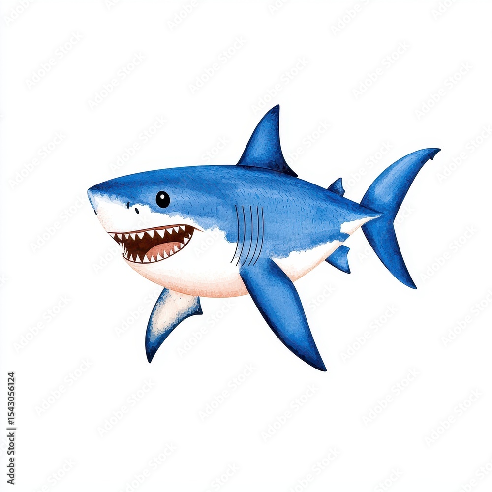 Obraz premium Playful Blue and White Cartoon Great White Shark Watercolor Illustration