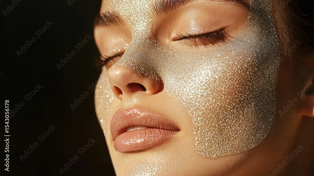 Fototapeta premium Woman's Face Covered in Glitter with Closed Eyes and Soft Lighting
