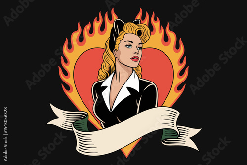 Pinup Girl with Flames Heart
