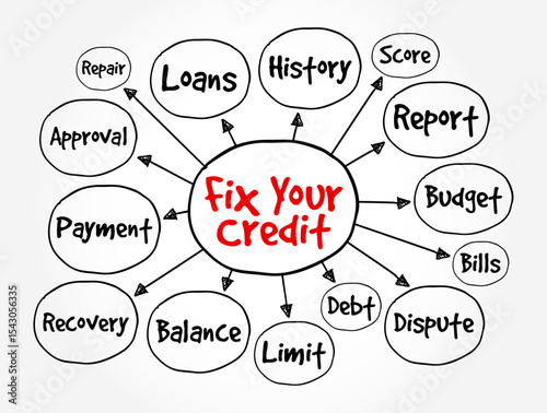 Fix Your Credit - means to repair or improve your credit score, making it higher and more attractive to lenders, text concept mind map
