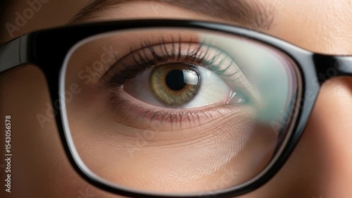 Close-up video of a woman's eye with glasses, focusing on vision and eye health